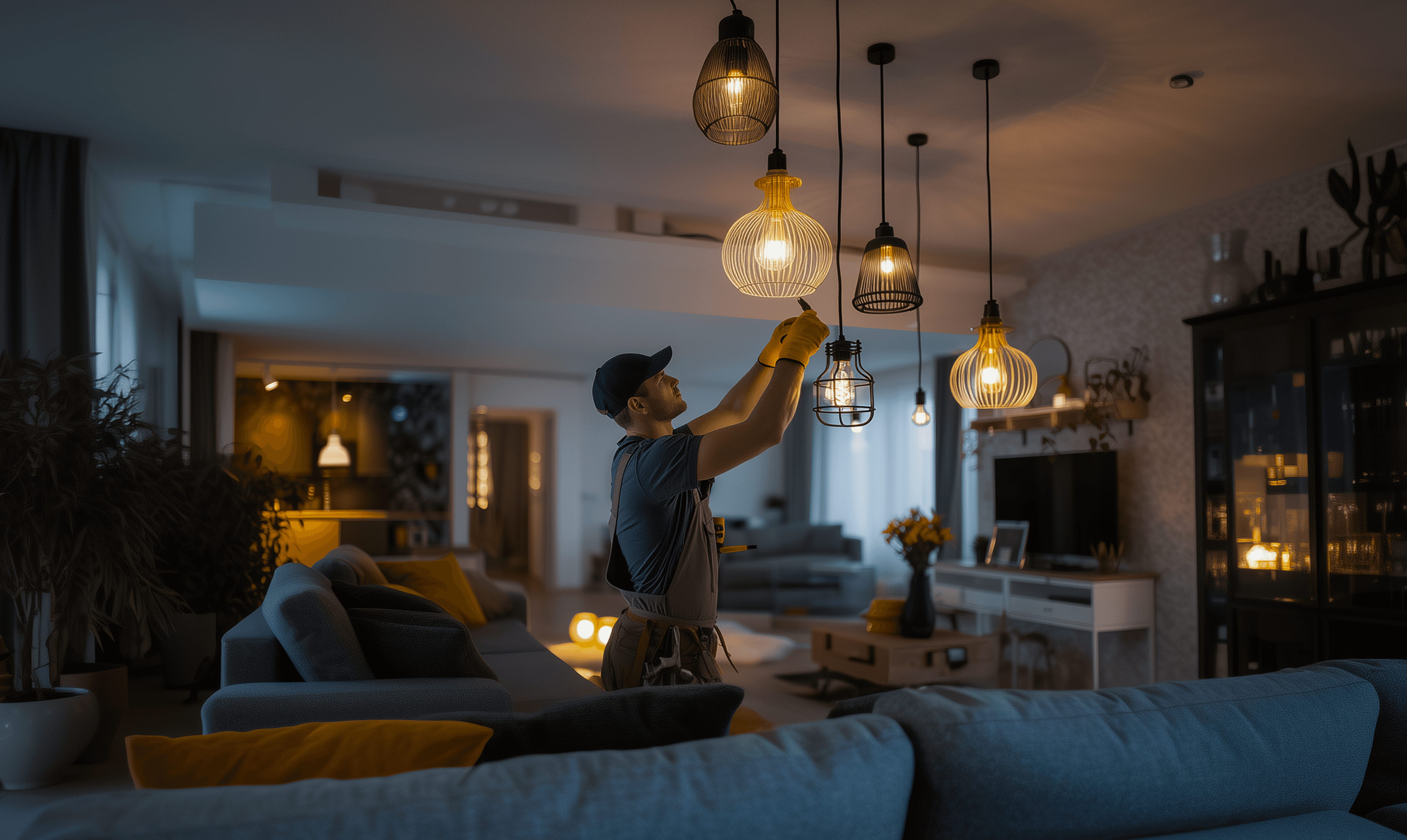 Professional handyman fixing lights