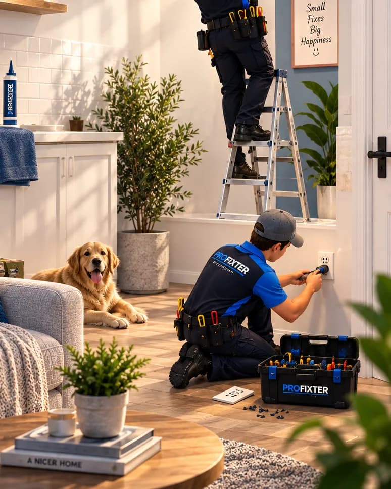 A Profixter handyman fixing an outlet in a Long Island living room