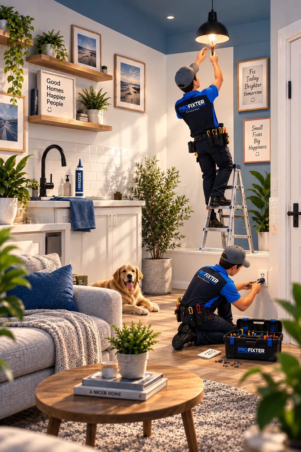 Two Profixter handymen at work in a family home, one replacing a ceiling light from a ladder and one fitting a wall outlet, with the family dog watching
